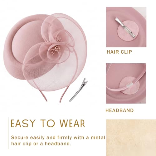 Image of DRESHOW Fascinator Hats for Women Cocktail Tea Party Hat Netted Pillbox Hat Vintage Derby Hats for Bridal Wedding
