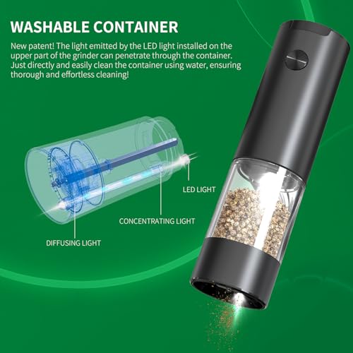 CIRCLE JOY Electric Salt and Pepper Grinder Set Battery Powered Spice Mills with Base, Washable 95ml Transparent Container, White LED Light and Adjustable Coarseness, Black