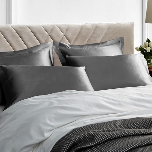 Image of Satin Pillow Covers Set of 2 - Soft & Smooth Pillowcases for Hair & Skin Care | Envelope Closure | Includes 3 Free Random Color Scrunchies | Frizz-Free Sleep Essentials (Gray)