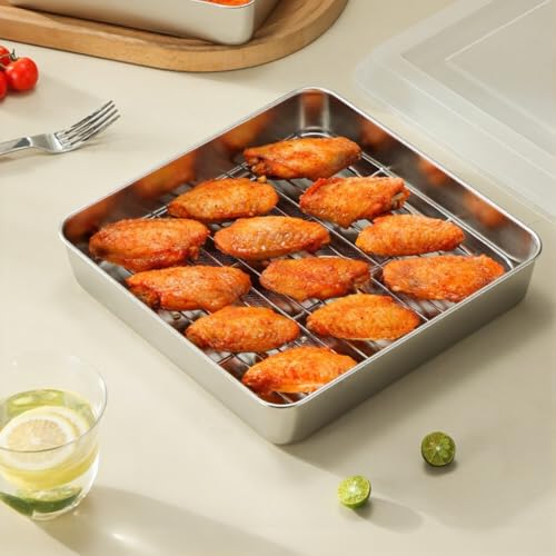 Bandeja rectangular de acero inoxidable con tapa y red de 26x26x7cm para freír y hornear 8