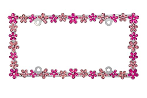 Creathome 3D Shining Daisy Wrenth License Plate Frame from Pure Zinc Alloy Metal Perfect Plate Holder, Chrome with Pink Glitter by creathome - Image 2