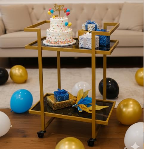 Image of Elegant Golden Iron Bar Cart Trolley with Wheels Serving Trolley for Home Kitchen Dining Hotel Restaurant Modern Furniture
