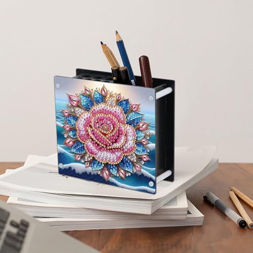 Image of DIY 5D Diamond Painting Pen Holder Set - Floral Pencil Holder Craft Kit for Desk, Decorative Diamond Art Organizer for School, Office, and Home