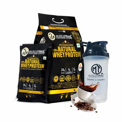 MuscleTrail Gold Standard Series Natural Whey Protein Powder, 24g Protein, Low Carb & Fat, 60 Pouches, Shaker Inside (Cappuccino)