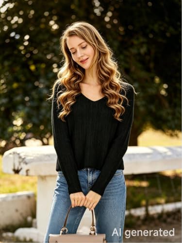Image of Simple&Opulence Women's Long Sleeve V-Neck Sweater Off-Shoulder Light Cropped Sweaters for Women Wool Sweater S-XL