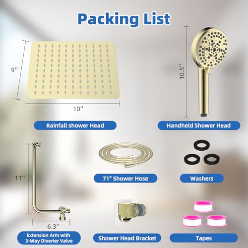 Image of 10 inch Metal Rainfall Shower Head with 10-Mode Handheld, Brushed Gold