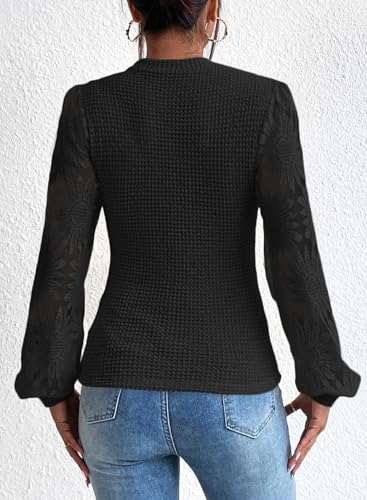 Image of BLENCOT Womens Casual Crochet Top Mesh Lace Long Sleeve Shirts Waffle Knit Blouse Crewneck Shirt Fall Womens Tops Pullover