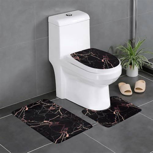 Tapis de bain motif marbré noir et or rose : ensemble de 3 tapis de douche de maison - 2