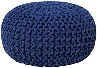 Beliani Modern Knitted Round Pouf Ottoman Cotton Dark Blue 16-inch Conrad