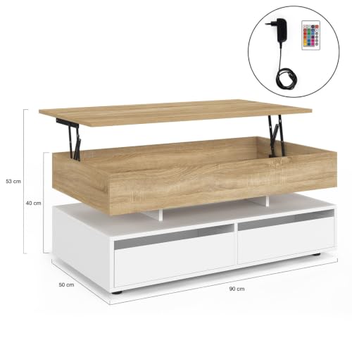 Table basse plateau relevable rectangulaire ELSA 90 cm 4 tiroirs avec LED en bois et plateau façon hêtre - vue 4