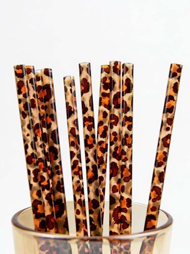 10 Pcs Reusable Leopard Straws Hard Plastic Drinking Straw and Cleaning Brush Leopard Print Animal Drinking Straw Statement Cheetah Animal Straws for Party(Brown)
