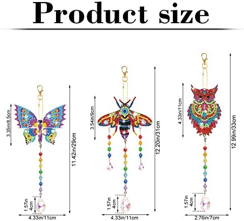 MWOOT 3Pcs DIY Diamond Paint Suncatcher,5D Diamond Art Painting Wind Chime Kits,Double Sided Crystal Paint By Number Hanging Ornament Set for Home Garden Car Decoration (Butterfly+Owl+Bee)