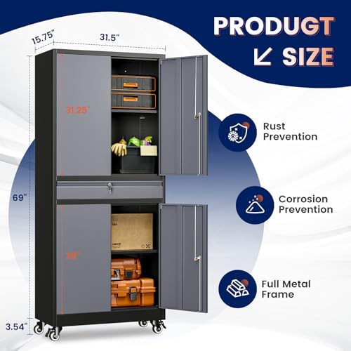 Image of Yizosh Metal Garage Storage Cabinet with Locking Doors and Adjustable Shelves, -73 inch Steel Rolling Tool Storage Cabinet with 4 Wheels and 1 Drawer for Garage,Office,Warehouse