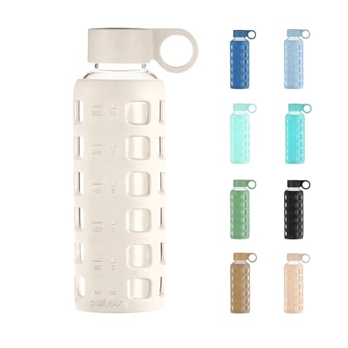 purifyou Premium Glass Water Bottles - 102/81/22/12 oz - Reusable Bottle with Time and Volume Markings, Silicone Sleeve and Stainless Steel Lid for