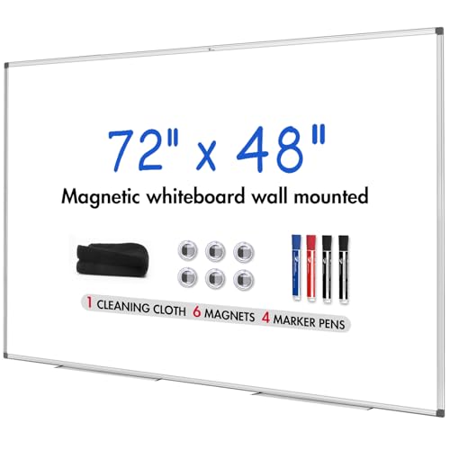 TOWON Silver Border Whiteboard Dry Erase, 72x48 in White Board Dry Erase, Presentation Magnetic Aluminum Framed Whiteboard, Dry Erase Board Wall Mounted with Markers, Pen Tray, Magnets, Cleaning Wipe