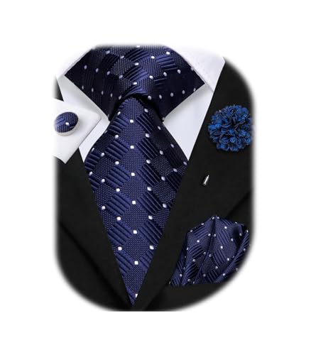 Image of Hi-Tie Men Silk Ties Set with Flower Lapel Pin Necktie Pocket Square Cufflinks for Tuxedo Wedding Business