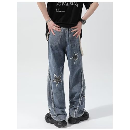 Men's Elastic Waist Jeans Embroidered Star Baggy Straight Leg Denim Pants Trendy Loose Skate Jean Pants3