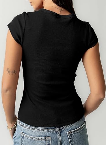 Sidefeel Women's Short Sleeve Tops Ribbed Button Down Crewneck Slim Fitted Casual Summer T Shirts - Image 3