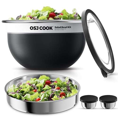 OSJ COOK 74oz Salad Bowl Kit with Lid & Tray Scratch-Resistant 18/8 Stainless Steel Salad Bowls To Go For Lunch Large Leak-Proof Container with 2 Condiment Canisters Black