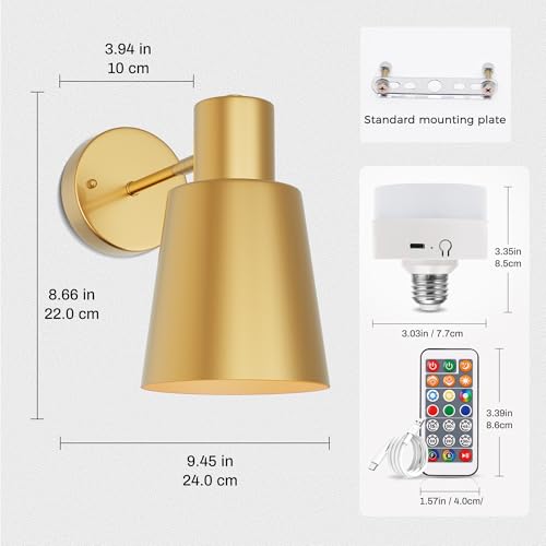 Image of DORESshop Battery Operated Wall Sconces Set of Two, Dimmable & Adjustable Gold Wall Lights, Rechargeable Wireless Wall Sconce with Remote, Not Hardwired LED Wall Lamps for Bedroom Living Room E26