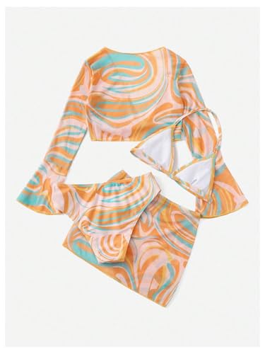 SHENHE Girl's 4 Piece Swimsuits Marble Print Triangle Halter Bikini with Kimono and Cover Up Skirt2