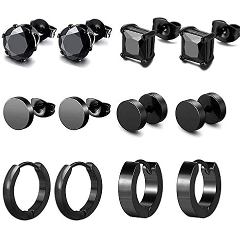K&Q 6 Pairs Black Stainless Steel CZ Stud Earrings Hoop Earrings Set Huggie Hoop Ear Piercing for Woman/Men/Teen Gift Cover