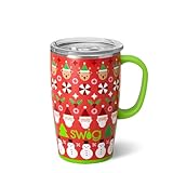 Swig Life 18oz Travel Mug, Insulated Tumbler with Handle and Lid, Cup Holder Friendly, Dishwasher Safe, Stainless Steel, Travel Coffee Cup (Christmas Crew)