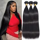 Straight Bundles Human Hair 26 28 30 Inch, 100% Unprocessed Virgin Human Hair Weave Bundles Straight, Sew In Hair Extensions Real Human Hair Glossy Hair Bundles 300g/Pack Double Weft Black Color