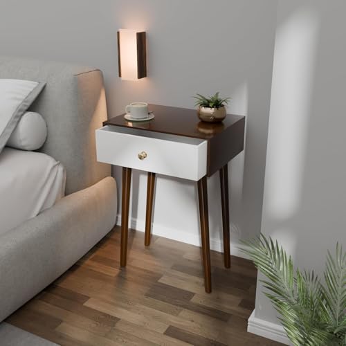 Image of Device Bas with BROWN ART SHOPPEE Coffee Table with Drawer and Solid Wood Legs, Bedside Table for Bedrooms, Century Modern Drawer Storage Cabinet for Living Room Furniture (Brown & White)