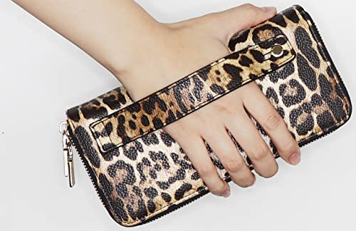 B Brentano Vegan Leather Double Zipper Pocket Wallet With Grip Hand Strap (Leopard) #TOP5