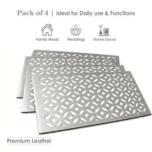 Image of Heart Home 4 Pcs Set Leather Rectangular Side Table Mats | Washable Placemat /Dining Table Mat for Party, Wedding and Family Functions | Silver