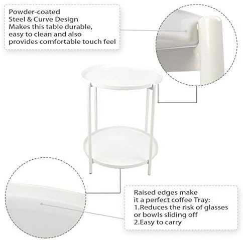 End Table, Round Metal Side Table with 2 Tiers, Indoor & Outdoor Anti-Rust and Waterproof Small Table, Living Room Drink Snack Coffee Tables with Removable Tray, Bedside Nightstand(White)