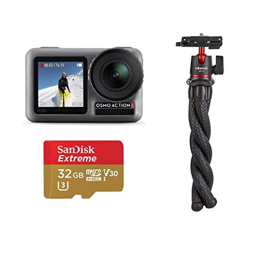 DJI OSMO Action Cam Digital Video Camera with 2 Displays, 11M Waterproof, 4K HDR-Video 12 Megapixel (Black), Bundle Kit with Mini Tripod/Selfie Stick + 32GB microSDHC Card