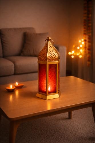 MARKET 99 Metal & Glass Moroccan Lantern with Embossed Glass | Christmas & Holiday Candle Holder, Festive Home Decor, Diwali, Birthday & Wedding Decoration, Golden & Red, Holiday Lights & Party Accent