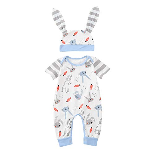 Image of My First Baby Boy Girl Easter Outfit Bunny Hoodie Bubble Romper Newborn Easter Clothes with Ears Hat