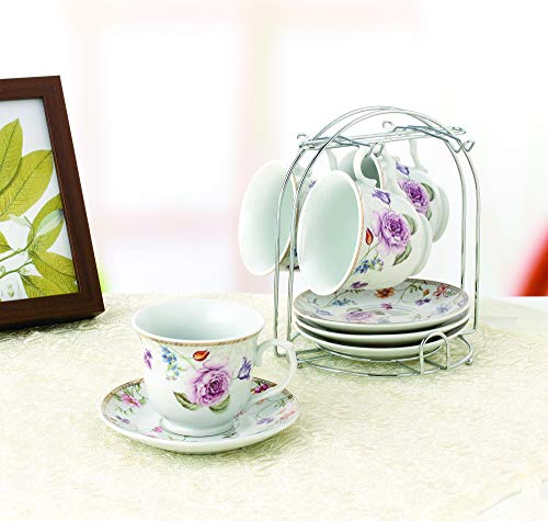 World Gifts Elegant Durable And Colorful Porcelain Tea Cup And Saucer Set With Metal Stand - Purple Flower, 8 Oz. Set Of 4 #TOP3