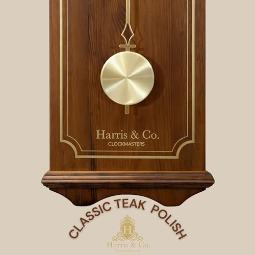 Image of HARRIS & CO. CLOCKMASTERS Wooden Pendulum Wall Clock Luxe Edition 26.5 x 11.5 Inch | Silent Sweep Noiseless Movement | White Metal Roman Dial | Gold Accents & HD Clear Glass | Model-Hyde Park