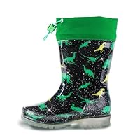 HSYAAMOO Kids Rain Boots with Drawstring – Green Dinosaur Waterproof Toddler Rain Boots for Boys & Girls, Lightweight Non-Slip PVC Boots with Breathable Lining for Outdoor Play