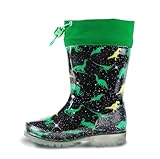 HSYAAMOO Kids Rain Boots with Drawstring – Green Dinosaur Waterproof Toddler Rain Boots for Boys & Girls, Lightweight Non-Slip PVC Boots with Breathable Lining for Outdoor Play