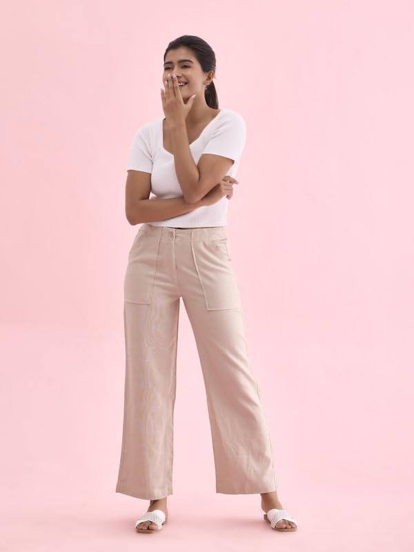Image of GO COLORS Solid Linen Cargo Pants for Women | Full Length, Mid Rise, Side Pockets