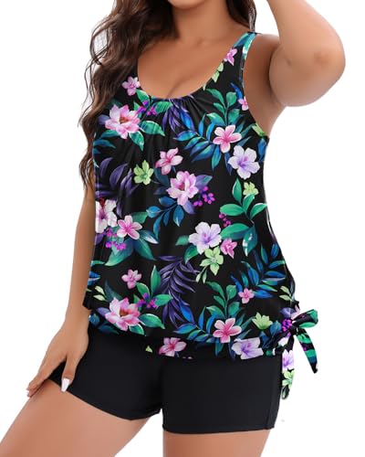 Holipick Floral Women Plus Size Tankini Swimsuit - Two Piece Bathing Suits Tummy Control Blouson Tankini Top with Boy Shorts 18W3