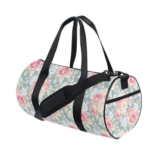 Rose Pink Blue Sports Duffel Bag Full Print Barrel Gym Bag with Adjustable Shoulder Strap, Multiple Pockets for Workout Travel and Sports Durable Polyester with Microfiber Leather Accents3
