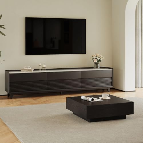 Image of POVISON Fully-Assembled Mid Century Glossy Sintered Stone TV Stand with Legs, Wood Media Console with Adjustable LED Light, Entertainment Center with Storage for Living Room
