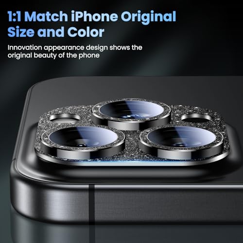 Image of Uyiton Compatible with iPhone 16 Pro /iPhone 16 Pro Max Camera Lens Protector - [Not Easy to Break][Strong Adsorption][Case-Friendly] Metal Tempered Glass Rear Camera Screen Cover - Glitter Black