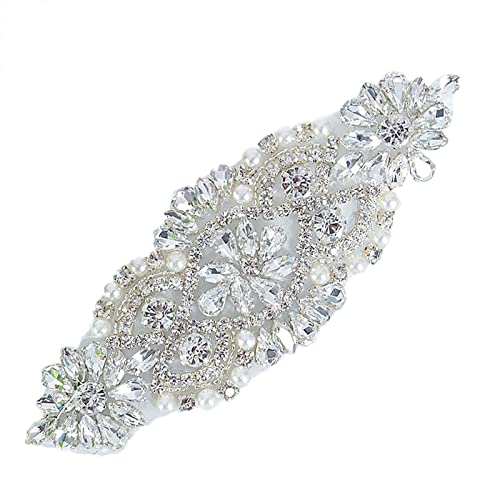 ShiDianYi Rhinestone and Pearl Beaded Applique for Bridal sash Wedding Headband Wedding Belst Bridal Sash Silver Rhinestone Applique
