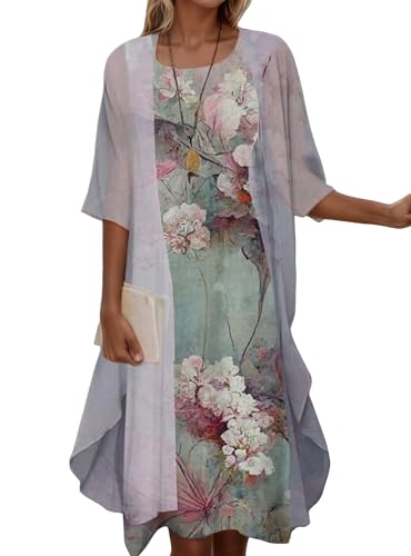 Women Boho Floral Two Piece Set Dress Flowy Wedding Guest Bride Mother Midi Dress with 3/4 Sleeve Chiffon Jacket
