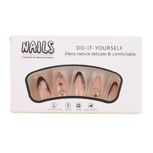 Image of Red French Tip Press on Nails Gold Edge Fake Nails Medium Almond False Nails with Rhinestone Design Flower Glue on Nails Artificial Acrylic Nail Full Cover Nude Stick on Nails for Women Manicure 24Pcs