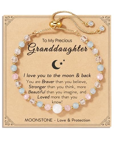 Image of HGDEER Love You to the Moon and Back, Moonstone Bracelet Gift for Her | Moonstone Rose Quartz Aquamarine & Clear Quartz, Adjustable 10.2 in, Quote Card & Velvet Pouch for Daughter Niece