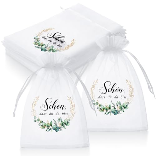 Hestya 30 Stück Schön dass du da bist Gastgeschenke Organzabeutel Hochzeit Mitgebsel Geschenktasche Organzasäckchen für Taufe Schokolade Kekse Geschenktüte für Firmung Geburtstag