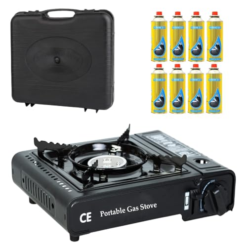 Camping Stove with Carry Case and 8 Butane Gas Canisters – Premium Portable Gas Stove EN417 Compliant With Heat Control, Piezo Ignition system- Camping Cooker For Outdoor Use, Picnic & Garden